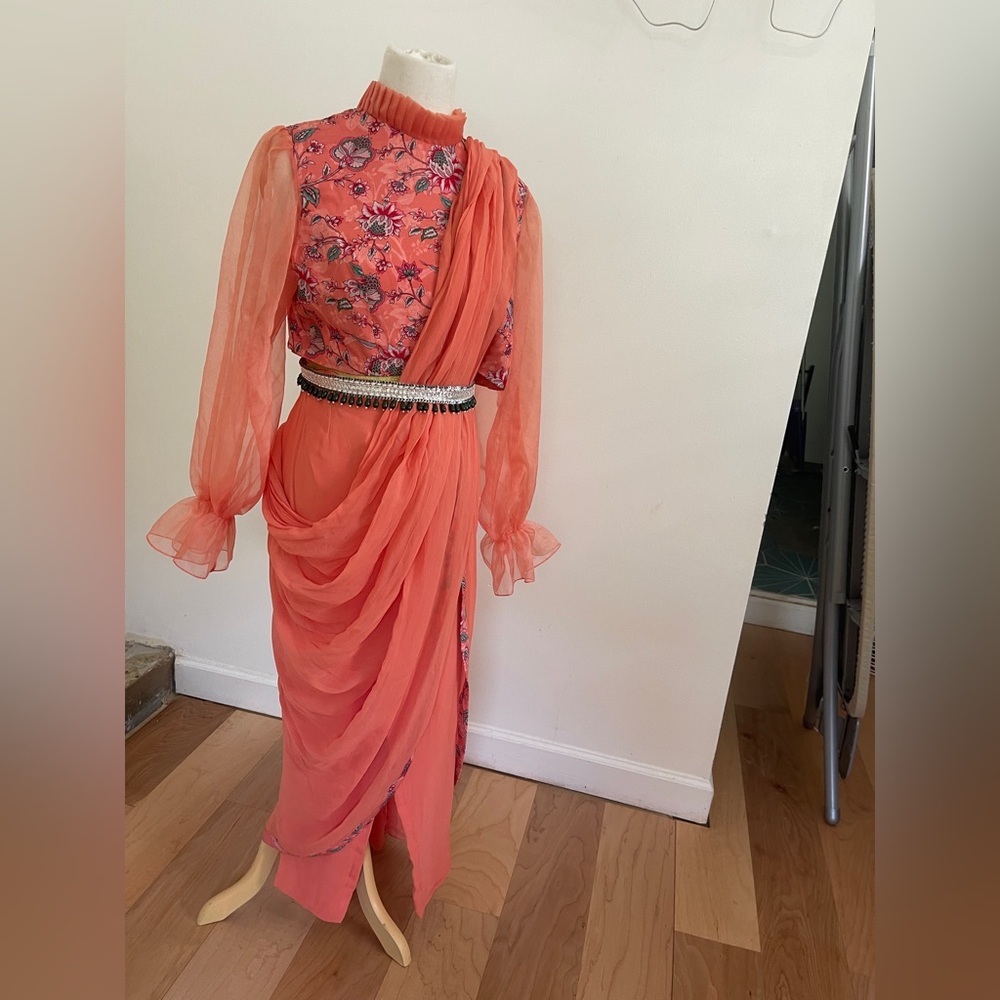 Floral Coral Dress with Sheer Sleeves